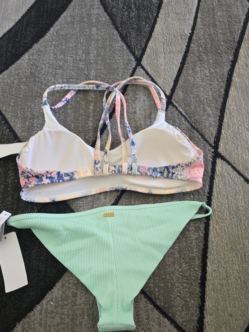 Roxy Pastel Tie-Dye Bikini Top with Mint Ribbed Bottom Sz Med - Picture 3 of 6